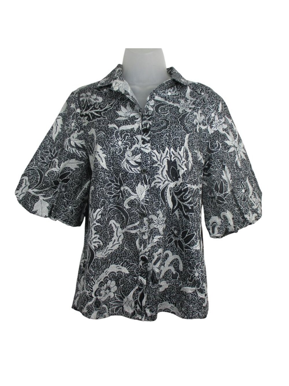 Patty Kim Black White Floral Button Down Puff Sleeve Top Cotton Size S $207